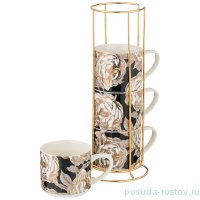 Набор кружек 360 мл 4 шт на металлической подставке чёрные &quot;golden rose&quot; / 208462