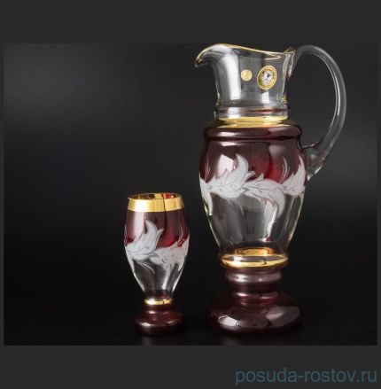 Набор для воды 7 предметов (кувшин + 6 стаканов) &quot;Матовые листики /Золото на красном&quot; E-V / 038818