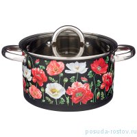 Кастрюля 22  х 12 см со стеклянной крышкой 4,6 л чёрная &quot;маки&quot; / 235841