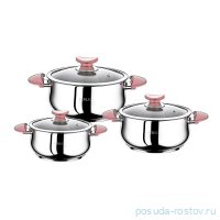 Набор посуды 6 предметов (14, 16, 18 см) стеклянные крышки &quot;CYLINDER MODEL&quot; ручки розовые / 296006