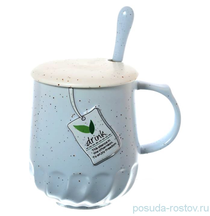 Кружка 400 мл с крышкой и ложкой "Drink" голубая / 140364