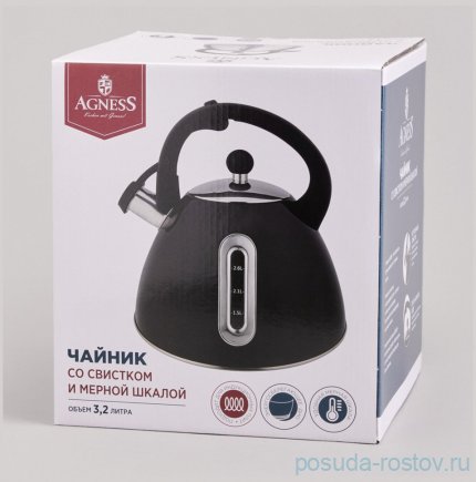 Чайник 3,2 л со свистком и мерной шкалой чёрный Agness / 369739