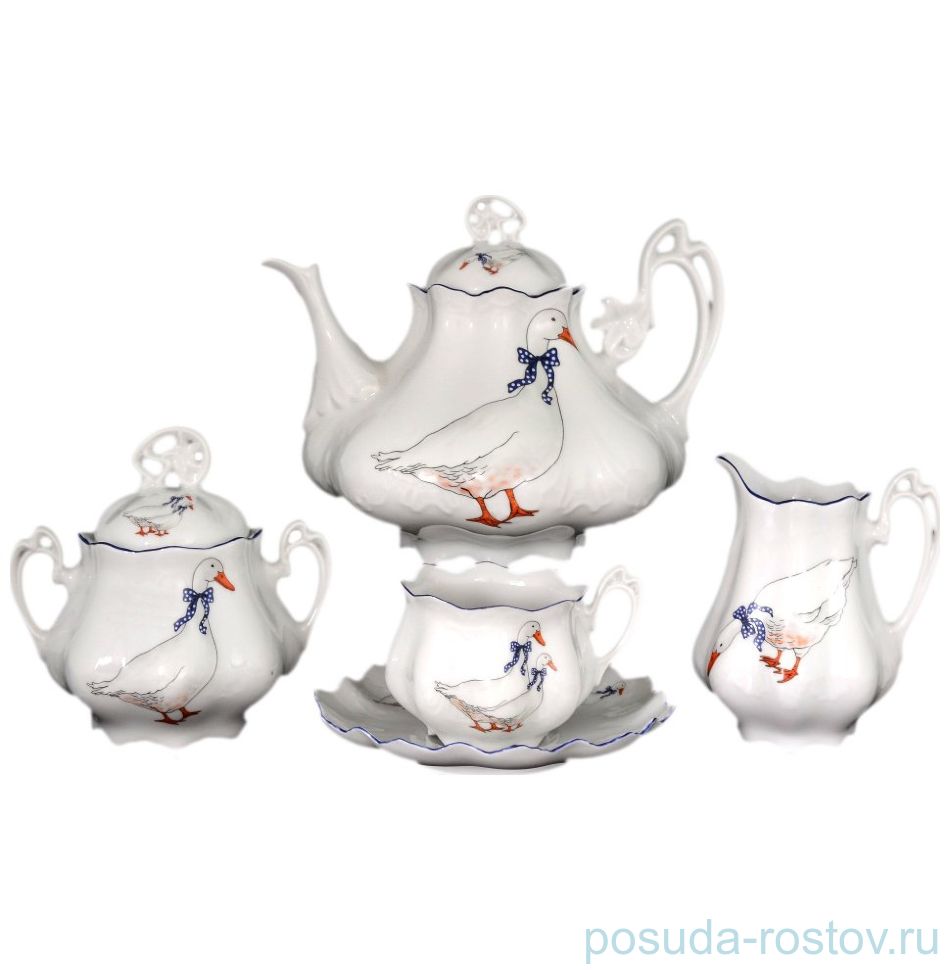 Чайный сервиз на 6 персон 15 предметов, низкая чашка "Корона /Гуси" / 088832