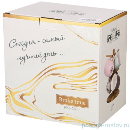 Набор кружек 310 мл 4 шт на деревянной подставке &quot;break time /пастель&quot; / 228745