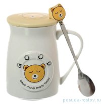 Кружка 400 мл с крышкой и ложкой &quot;Good /Bears mave many faces&quot; жёлтая / 140341