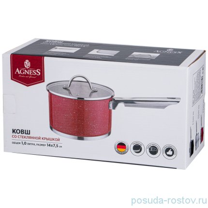 Ковш 14 х 7,5 см со стеклянной крышкой 1 л красный &quot;agness&quot; / 252168