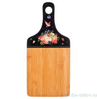 Доска разделочная 35 х 16 х 0,9 см с ручкой /чёрная наклейка &quot;Agness /Цветы и птичка&quot; / 195781
