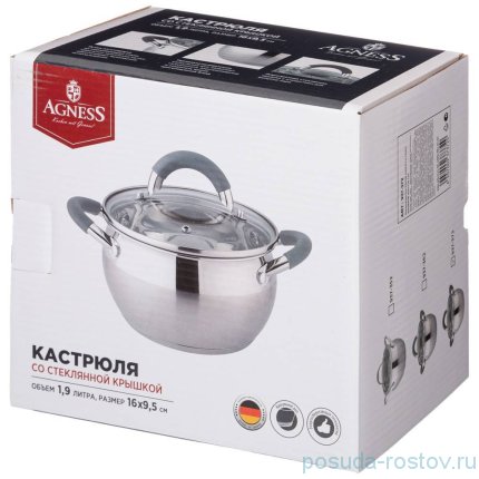 Кастрюля 16 х 9,5 см со стеклянной крышкой 1,9 л &quot;Apple&quot; серые ручки / 275417