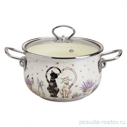 Кастрюля 20 см со стеклянной крышкой эмалированная 2,8 л &quot;Lavander cats&quot; / 368441