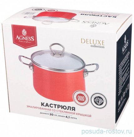 Кастрюля 20 см со стеклянной крышкой эмалированная 4,1 л металлик &quot;Deluxe /Красный&quot; / 276028