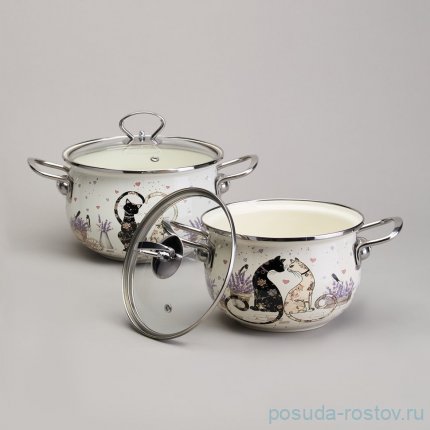 Набор кастрюль 4 предмета (18 см - 2 л, 20 см - 2,8 л) эмалированные &quot;Lavander cats&quot; / 368446