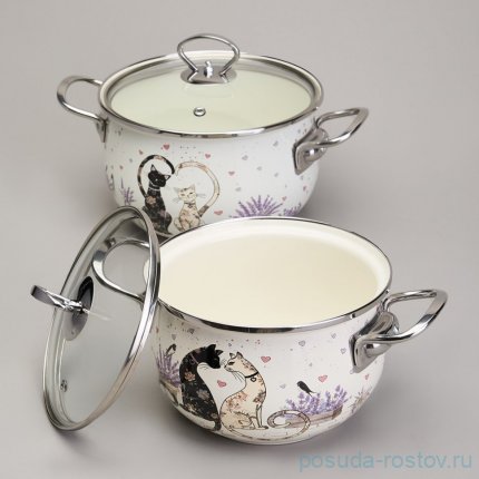 Набор кастрюль 4 предмета (18 см - 2 л, 20 см - 2,8 л) эмалированные &quot;Lavander cats&quot; / 368446