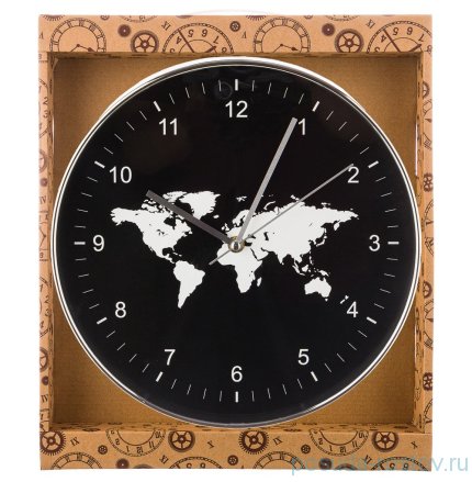 Часы настенные 30 см кварцевые черные &quot;WORLD MAP&quot; / 197439