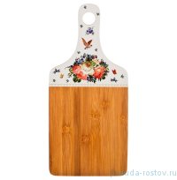 Доска разделочная 35 х 16 х 0,9 см с ручкой /белая наклейка &quot;Agness /Цветы и птичка&quot; / 195780