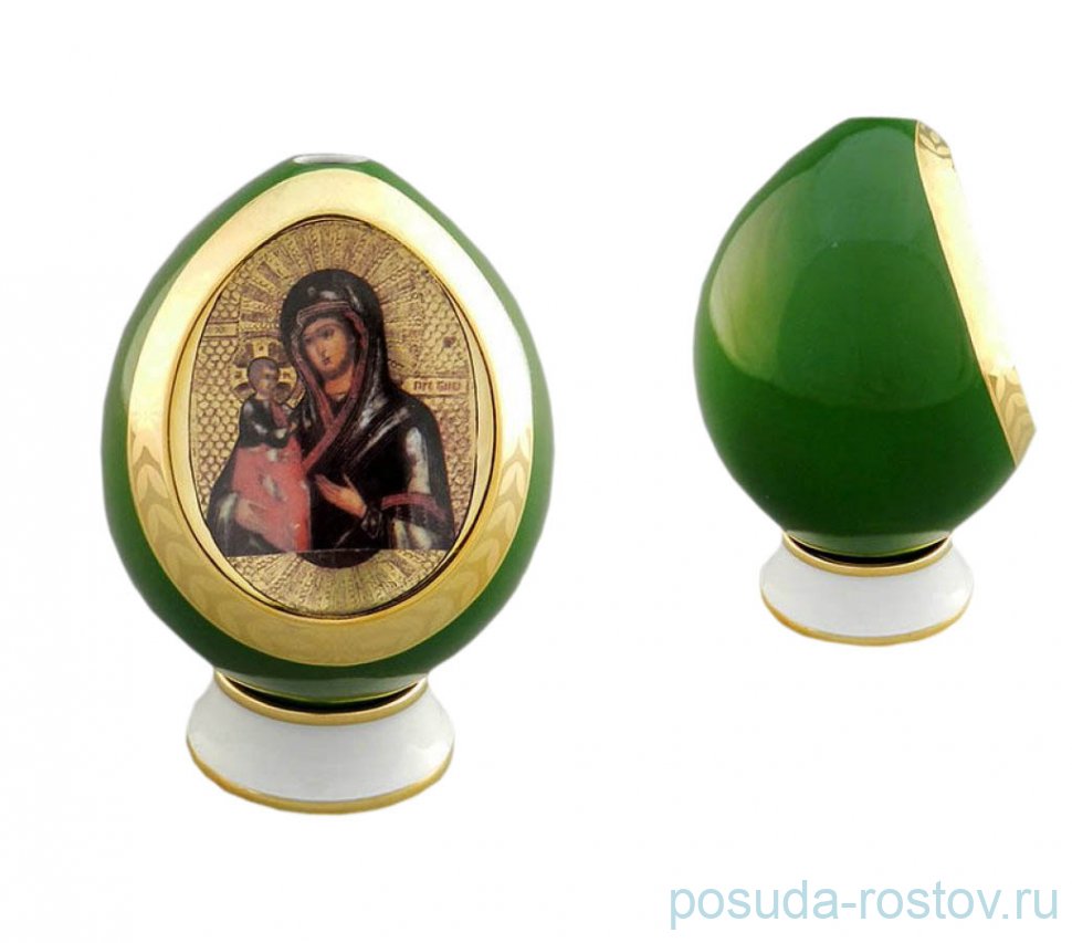 Подсвечник-яйцо 11,5 см на подставке пасхальное "Богоматерь" зелёное / 158821
