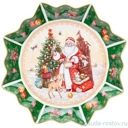 Блюдо 26 см звезда зелёное &quot;с новым годом! /дед мороз&quot; / 254428