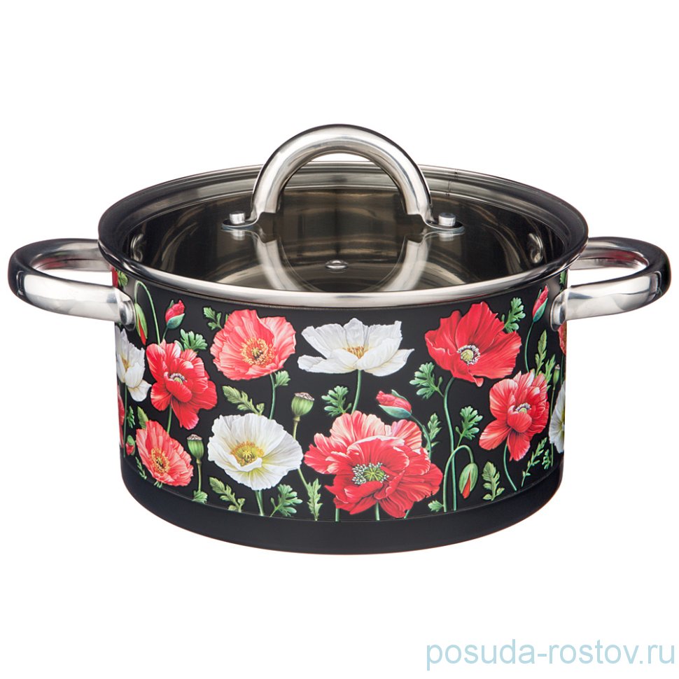 Кастрюля 20 х 11 см со стеклянной крышкой 3,5 л чёрная "Маки" / 235840