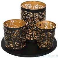 Набор подсвечников 3 шт (10 х 14/8,5 х10/8 х 9,5 см) на подставке 22,5 х 22,5 х 1 см чёрные &quot;Бохо&quot; / 271311
