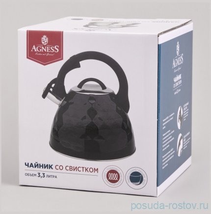 Чайник 3,3 л со свистком чёрный Agness / 369744