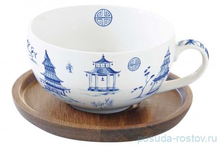 Чайная чашка 250 мл с крышкой/подставкой из акации &quot;Пагода&quot; (подарочная упаковка) / 291661