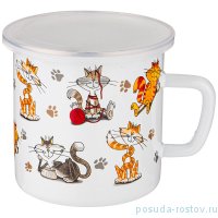 Кружка 12 х 12 см эмалированная с пластиковой крышкой 1,25 л &quot;коты&quot; / 271607