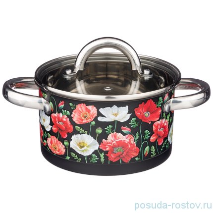Кастрюля 16 х 9 см со стеклянной крышкой 1,8 л чёрная &quot;маки&quot; / 235325