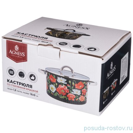 Кастрюля 16 х 9 см со стеклянной крышкой 1,8 л чёрная &quot;маки&quot; / 235325