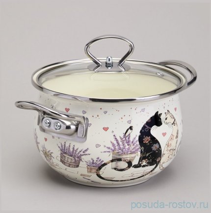 Кастрюля 18 см со стеклянной крышкой эмалированная 2 л &quot;Lavander cats&quot; / 368440
