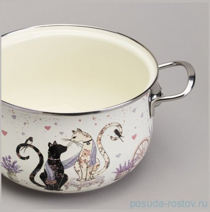 Кастрюля 22 см со стеклянной крышкой эмалированная 3,8 л &quot;Lavander cats&quot; / 368442