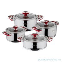 Набор посуды 8 предметов (16, 20, 22, 24 см) стеклянные крышки &quot;CYLINDER MODEL&quot; бакелитовые красные  / 296003