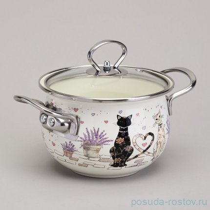 Кастрюля 16 см со стеклянной крышкой эмалированная 1,5 л &quot;Lavander cats&quot; / 368439