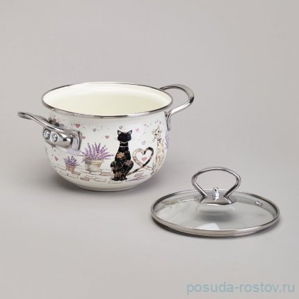 Кастрюля 16 см со стеклянной крышкой эмалированная 1,5 л &quot;Lavander cats&quot; / 368439