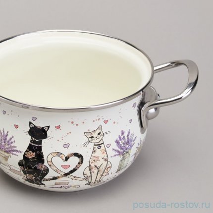 Кастрюля 16 см со стеклянной крышкой эмалированная 1,5 л &quot;Lavander cats&quot; / 368439