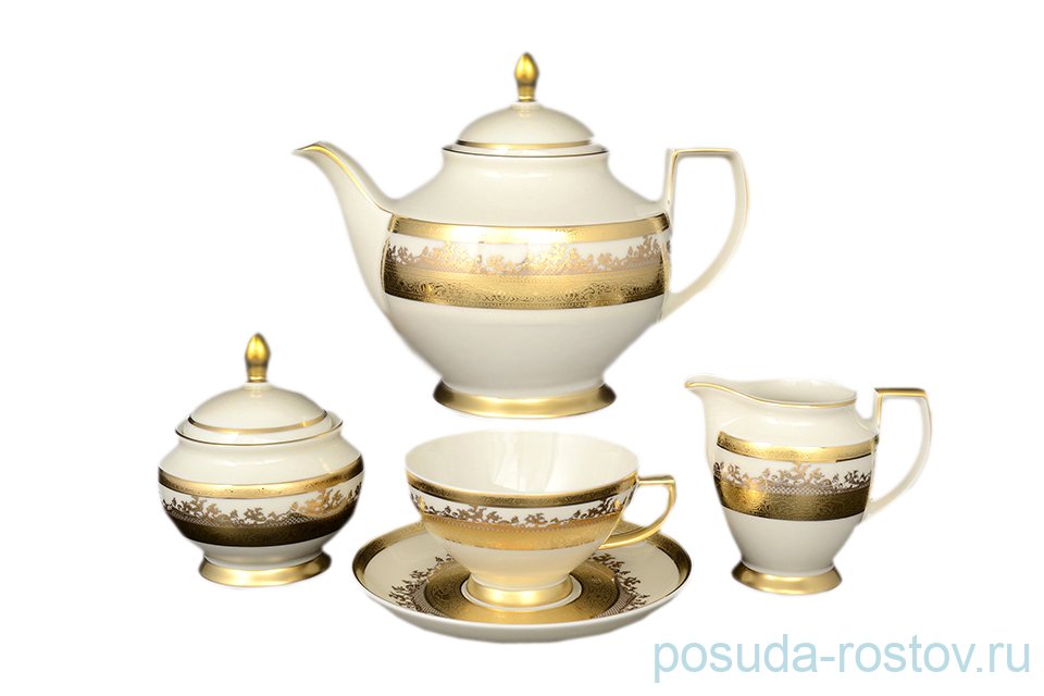 Чайный сервиз на 6 персон 15 предметов "Констанц /Cream Gold 9320 /Золотая лента" / 159909