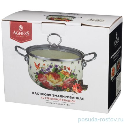 Кастрюля 16 см со стеклянной крышкой эмалированная 3 л &quot;Корейская роза&quot; / 231616
