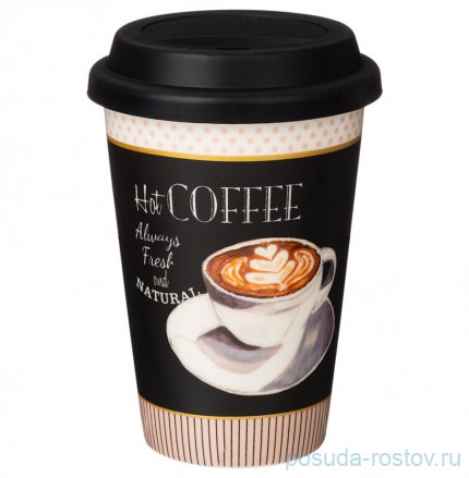 Кружка 390 мл с силиконовой крышкой и ободком чёрная &quot;Coffemania&quot; / 279664