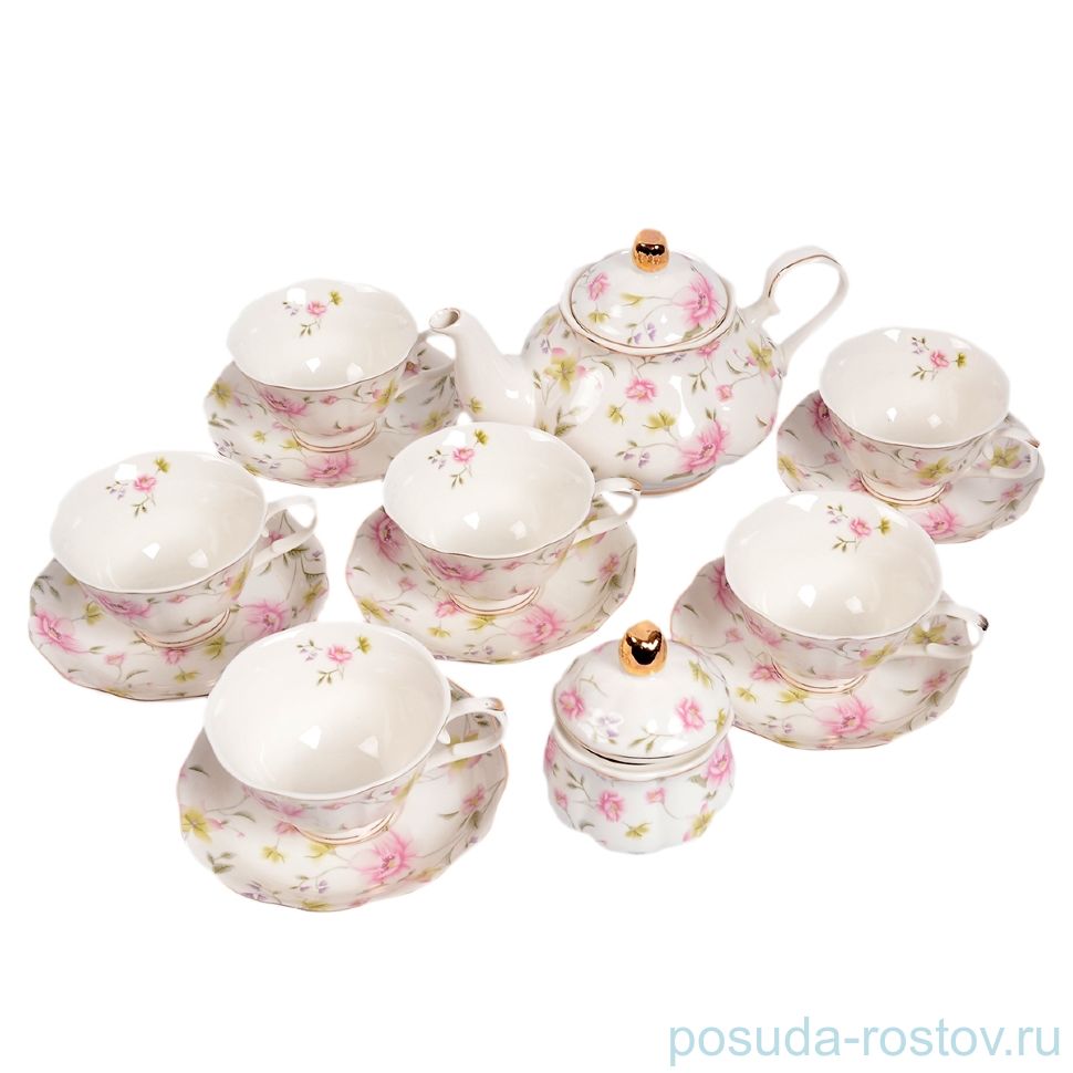 Чайный сервиз на 6 персон 14 предметов (без молочника) "Розовые цветы" / 150984