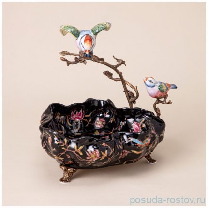 Конфетница 23 x 21 x 24 см н/н с ручкой чёрная &quot;Птицы&quot; / 342670