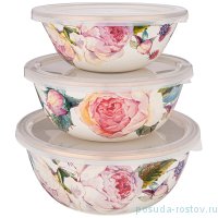 Набор мисок 3 шт. (14, 16, 18 см) с пластиковыми крышками эмалированные &quot;agness /винтаж /розы&quot; / 225318