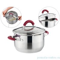 Кастрюля 18 x 10,5 см со стеклянной крышкой бордовые ручки 2 л &quot;profi home&quot; / 273858