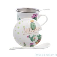 Кружка с крышкой ситечком и ложкой 4 предмета &quot;Succulents&quot; / 214654