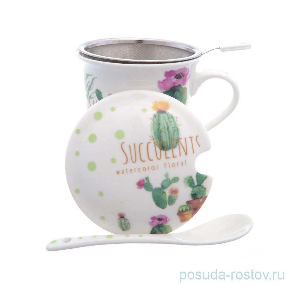 Кружка с крышкой ситечком и ложкой 4 предмета "Succulents" / 214654