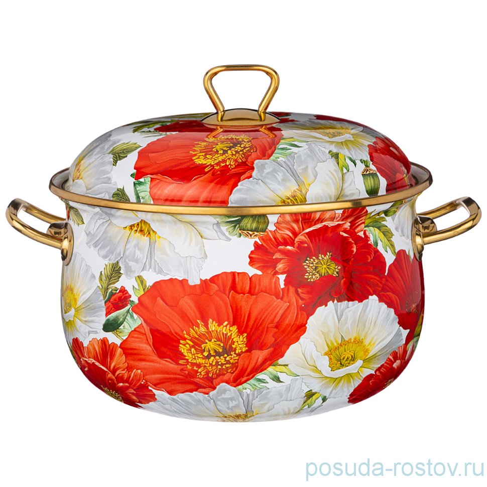 Кастрюля 22 см с крышкой эмалированная 4,8 л "Agness /Маки" / 256777